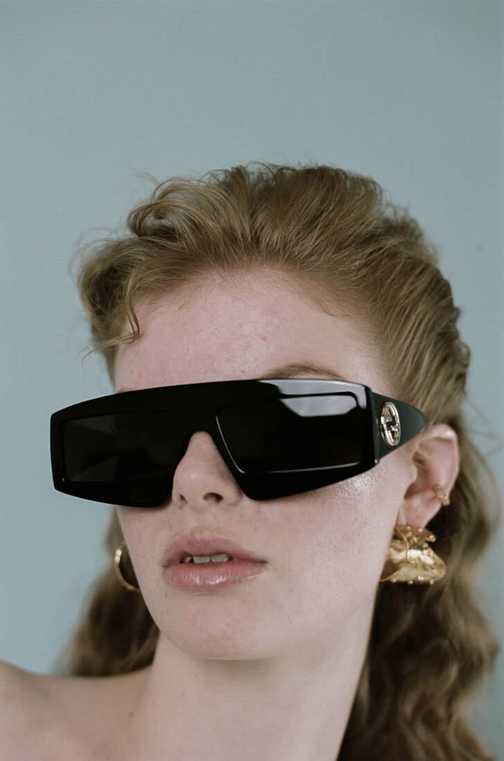 sunglasses by GUCCI, earrings by JILL HOPKINS