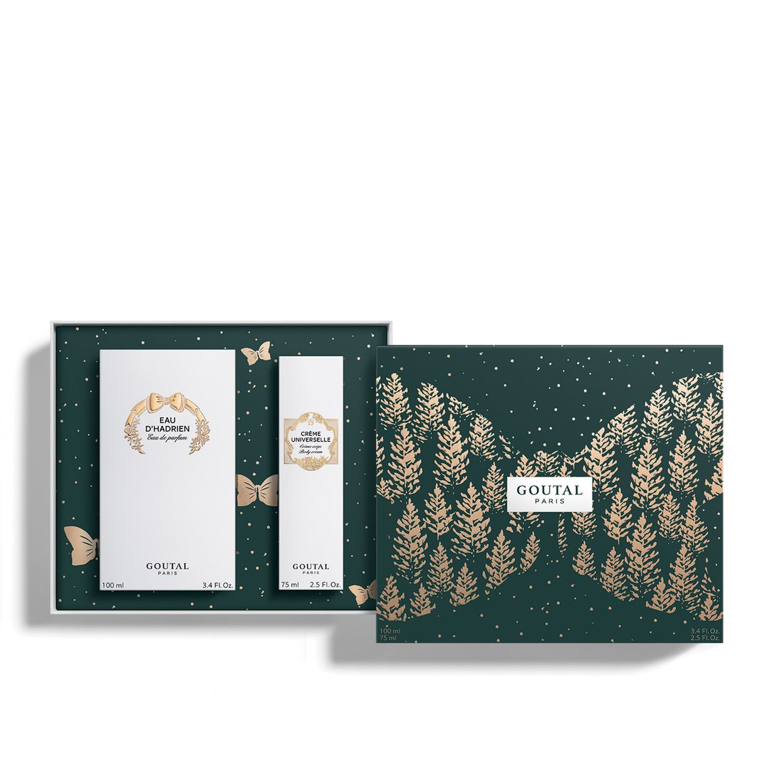 緑と金で描かれた森のパッケージとその中にある2つのパッケージ