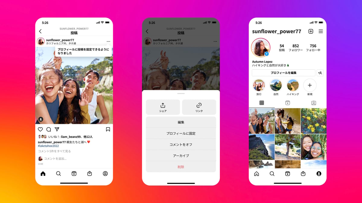 Instagramの投稿をプロフィールのトップに固定できる新機能