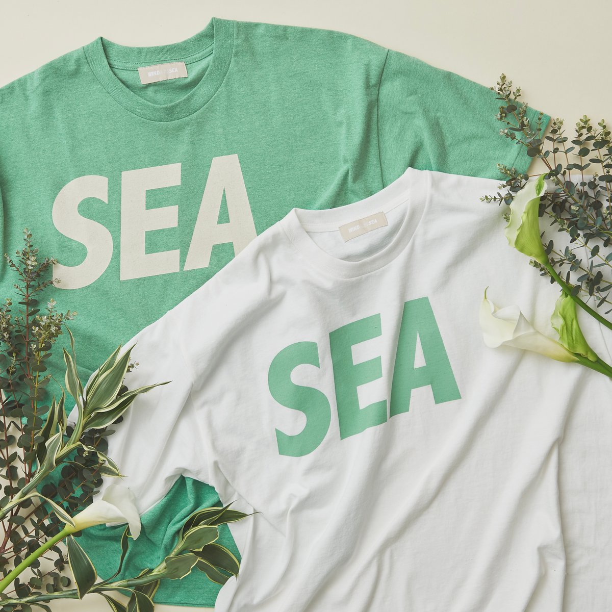 胸元に「SEA」のロゴを配したホワイトとグリーンのオーガニックコットンTシャツ