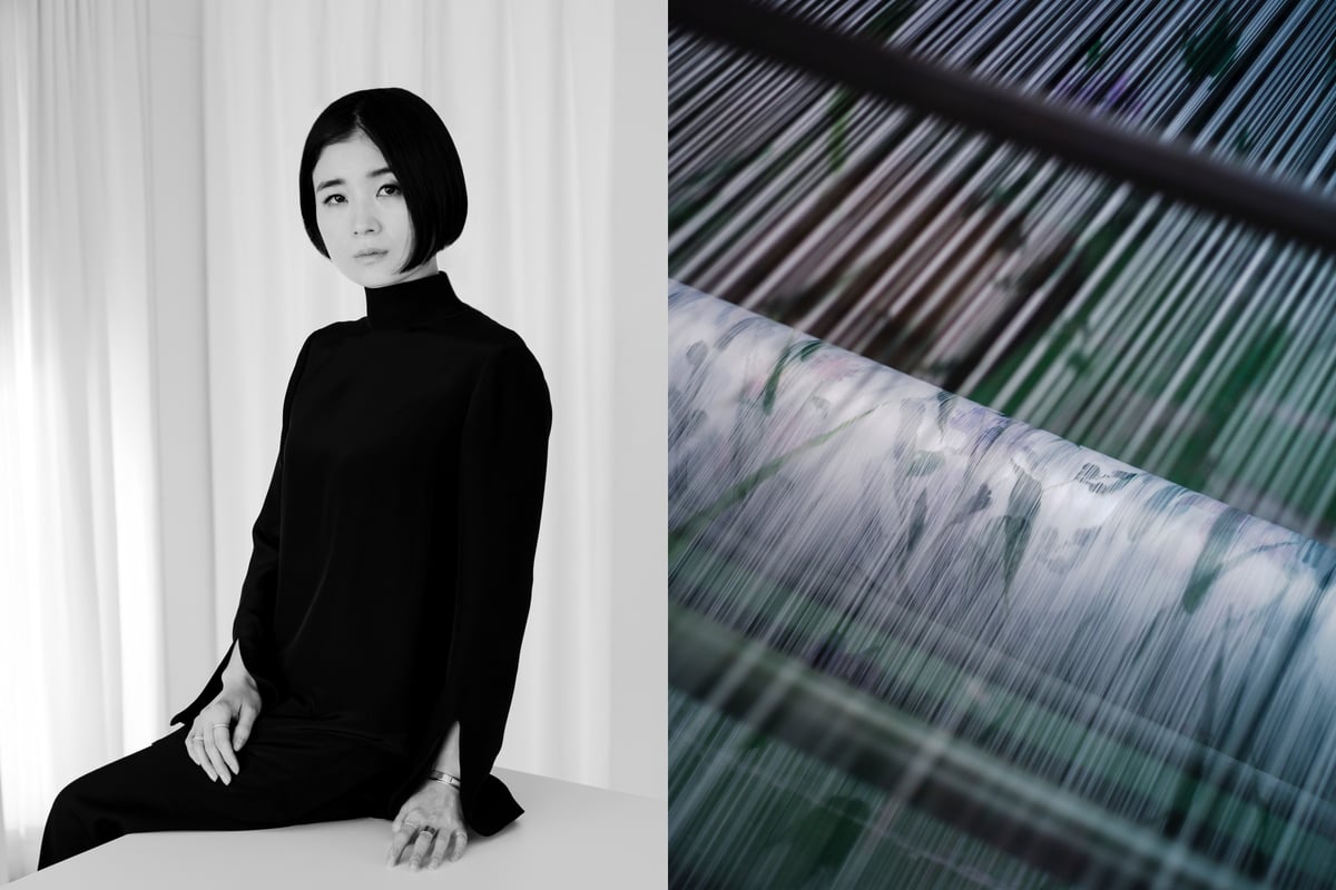 黒河内真衣子のポートレートと生地が織られている際の写真のコラージュ