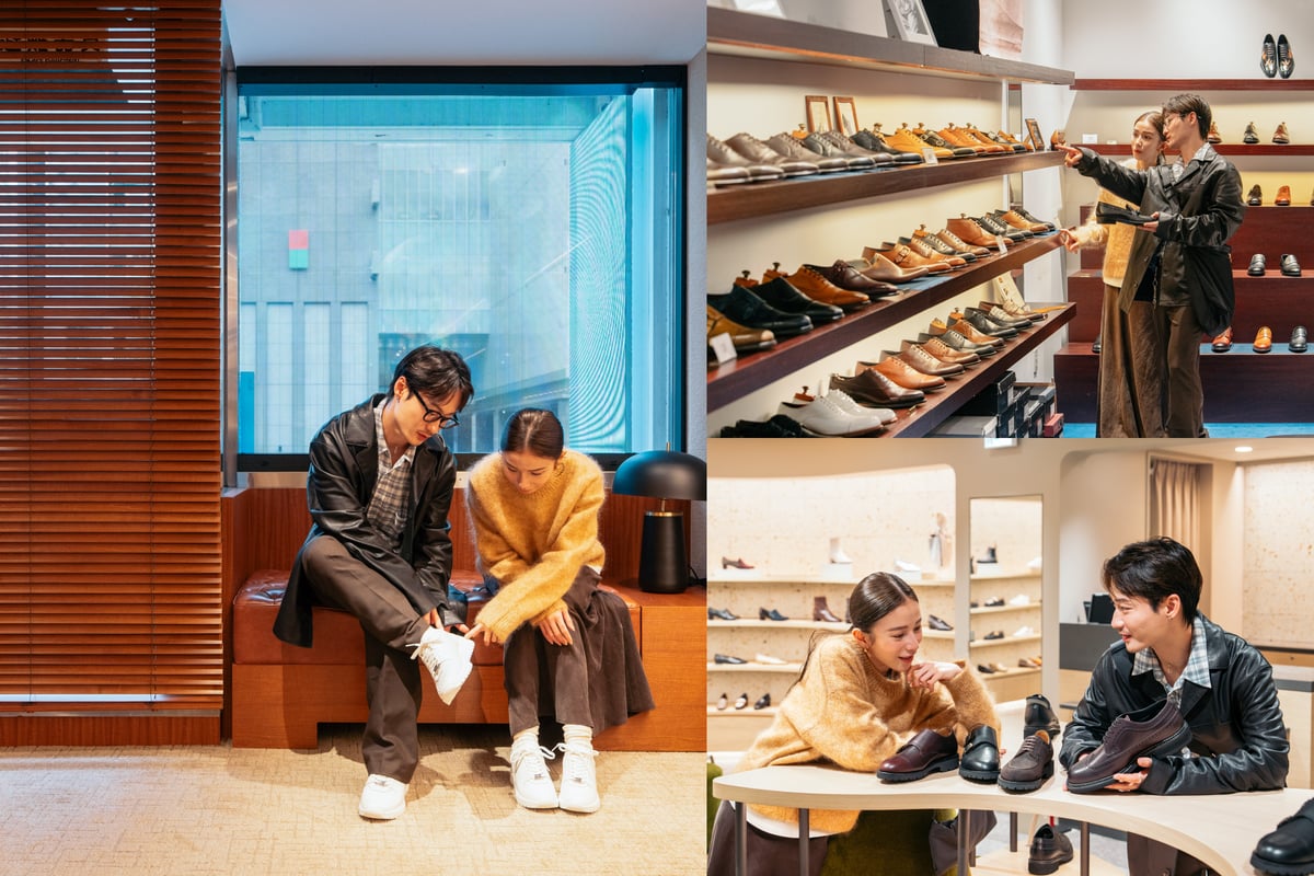 革靴の店内で買い物を楽しむモデル