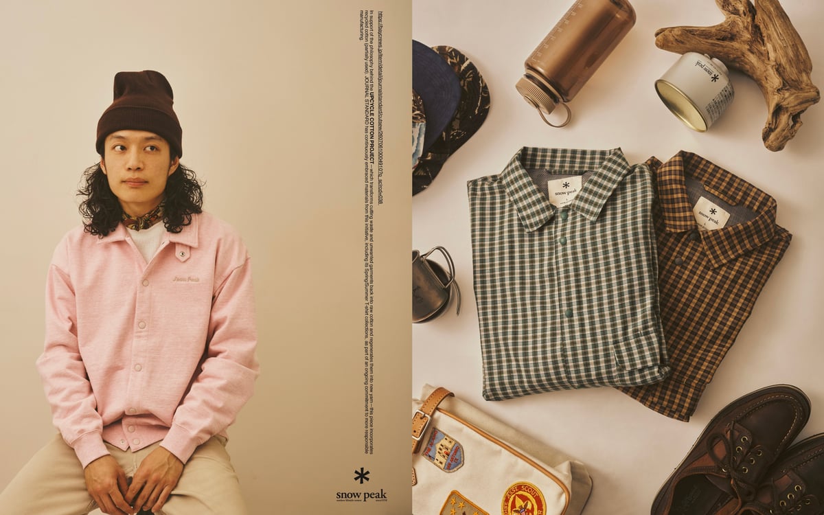 ピンクのカーディガンを着たモデルとチェックシャツのコラージュ画像