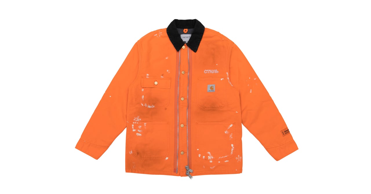 HERON PRESTON × Carhartt ダブルニー オレンジ ヘロン・プレストン×カーハート WIP」東京で先行発売、家庭ゴミから