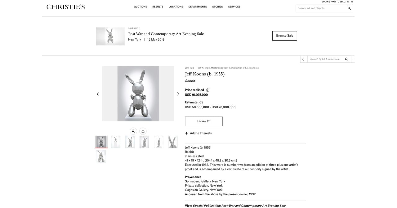 ジェフ・クーンズのうさぎの彫刻が約100億円で落札、存命作家の作品