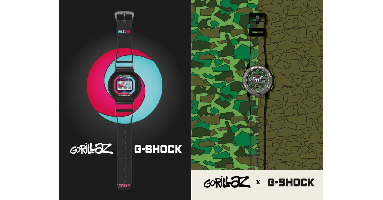 Gショック×ゴリラズ新作、ポップなバイカラーとカモ柄デザインの2型を発売