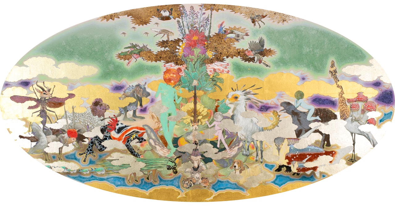 鴻崎正武「桃源」仏画 日本画風 花図 装飾画 額装 #368 kozakimasatake_mugen-2-1.jpg