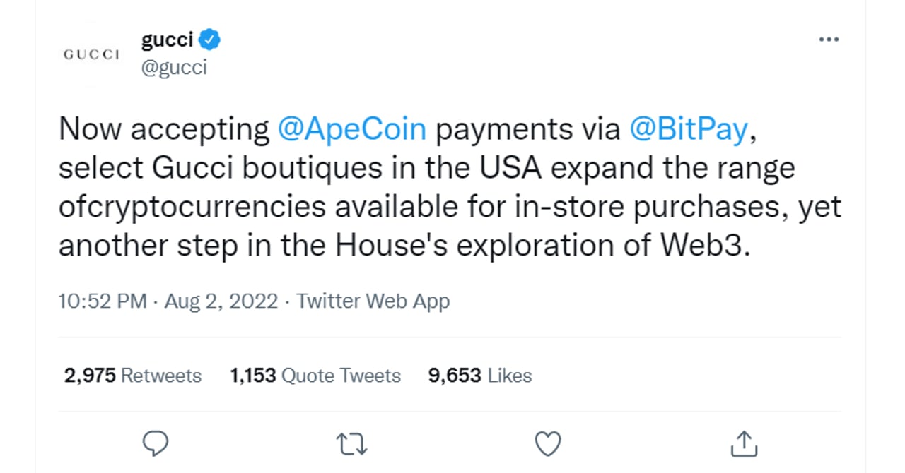 グッチが米店舗で仮想通貨 エイプコインを導入、BitPayで決済可能