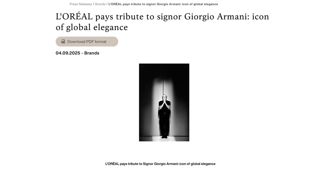 アルマーニ氏の訃報を受け、1988年から協業するロレアルがコメント