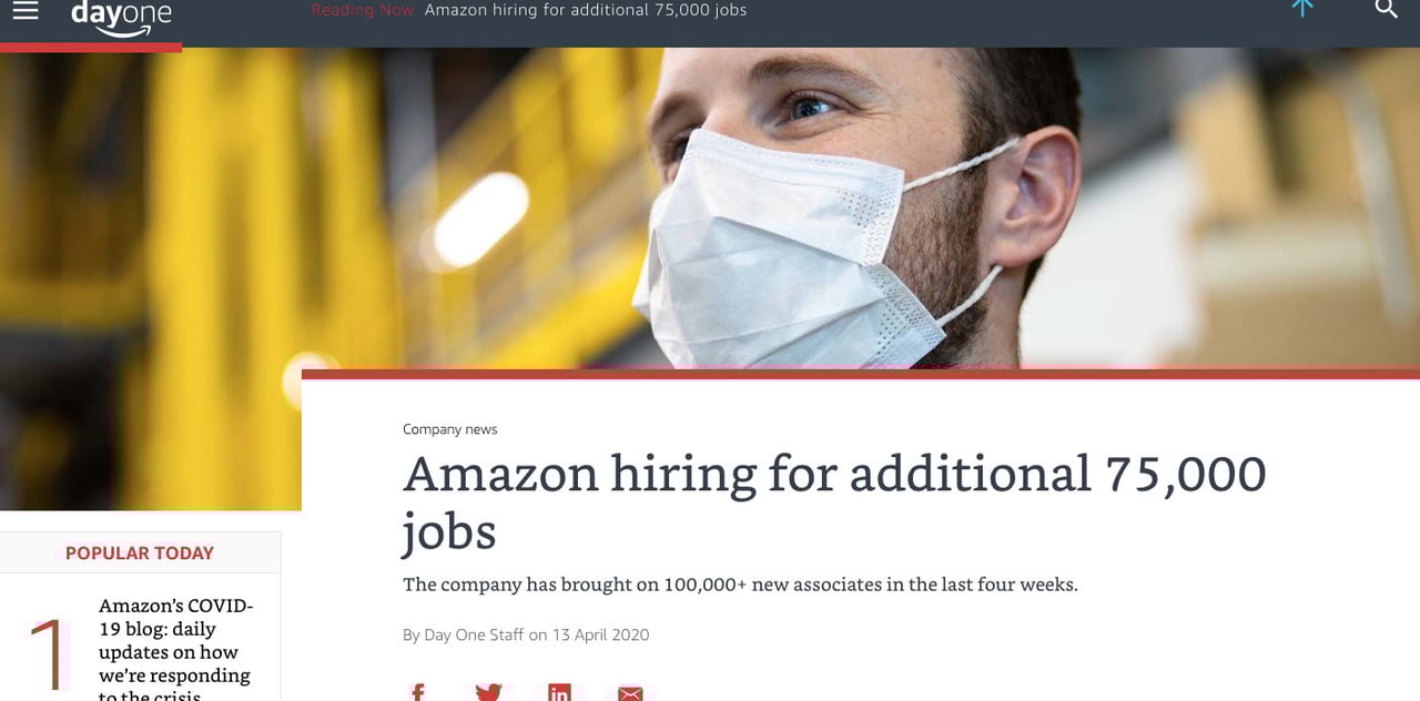 新型コロナ感染拡大から10万人雇用した米アマゾン、新たに7万5000人を追加募集