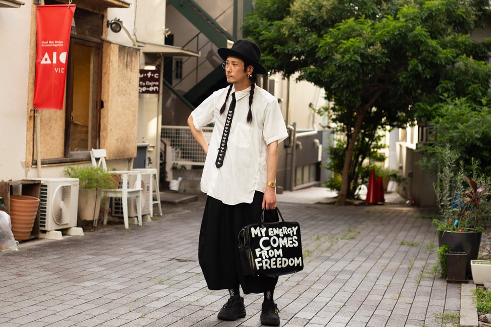 その他 street style Nozomi Ishiguro Patchwork Denim Shorts, Dr. Martens