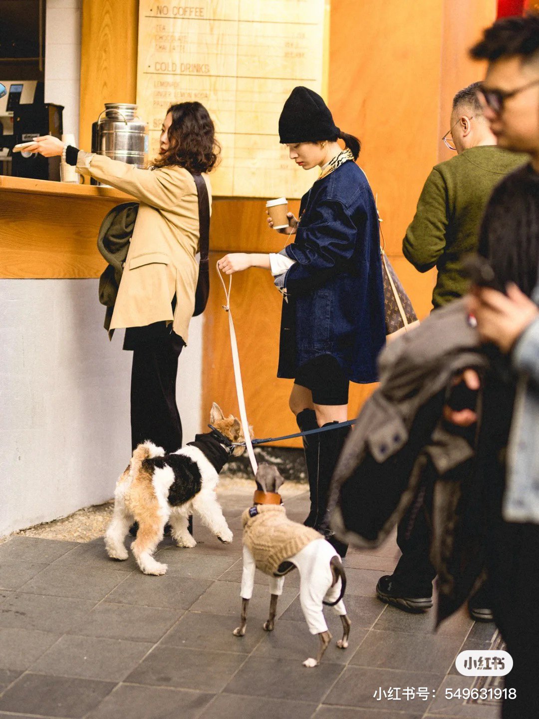 ペットを連れて街を歩くおしゃれな若者