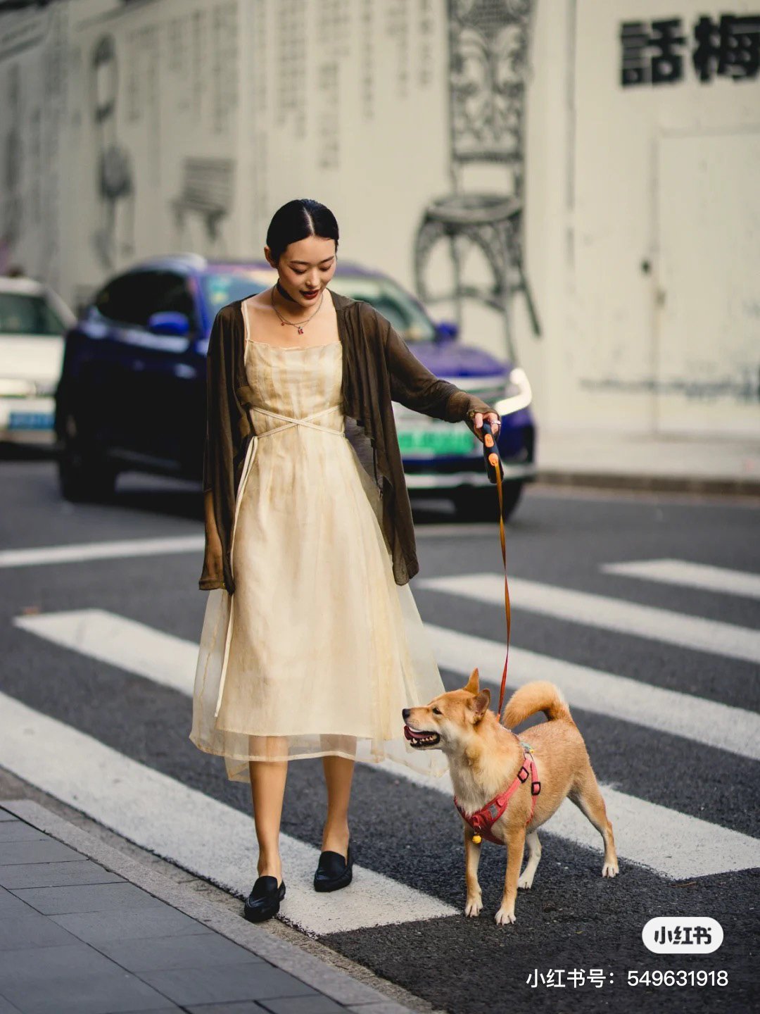 ペットを連れて街を歩くおしゃれな若者