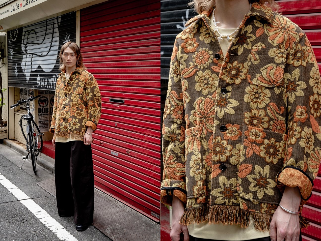 花柄のパイルジャケットを着用する男性モデル