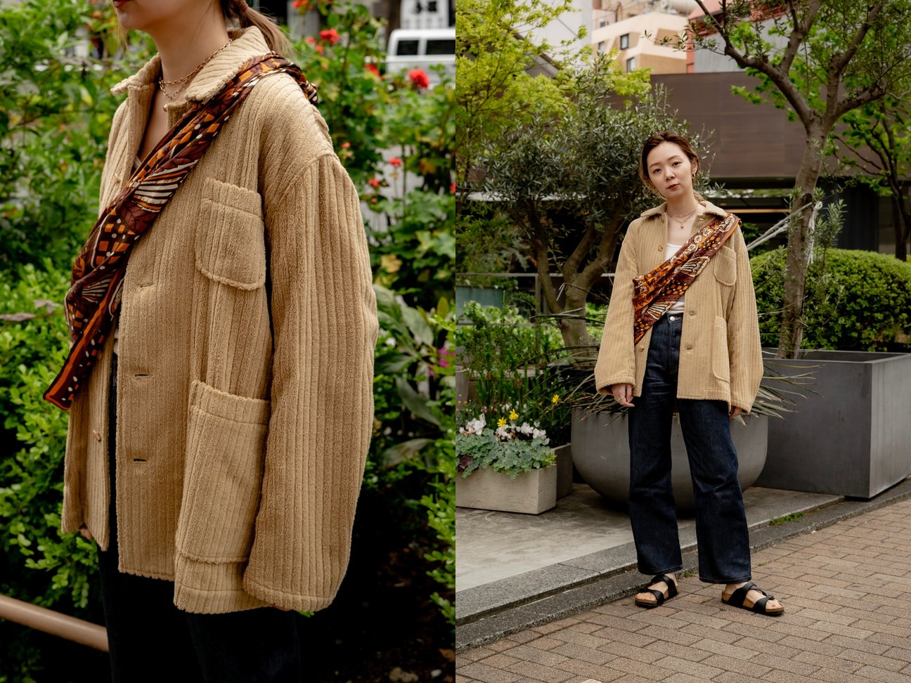 ベージュのパイルジャケットを着用した女性モデル