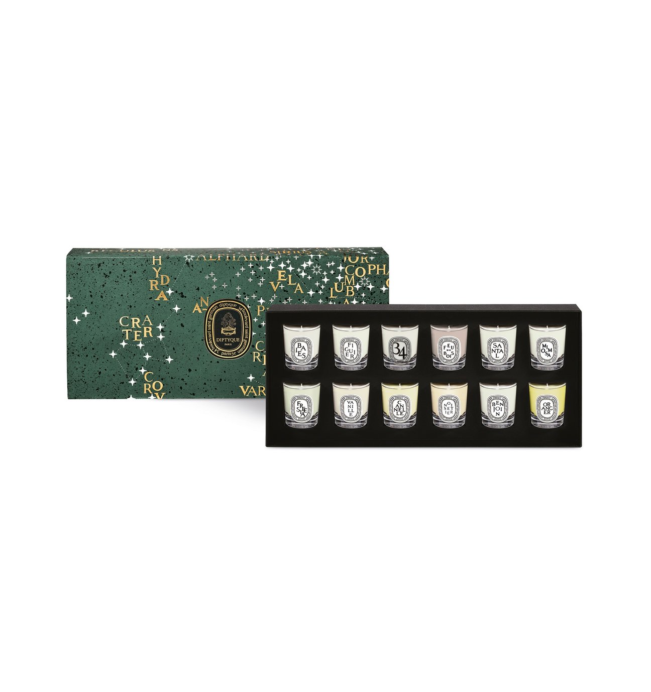 緑の箱の中に12つのキャンドルが並んでいる様子