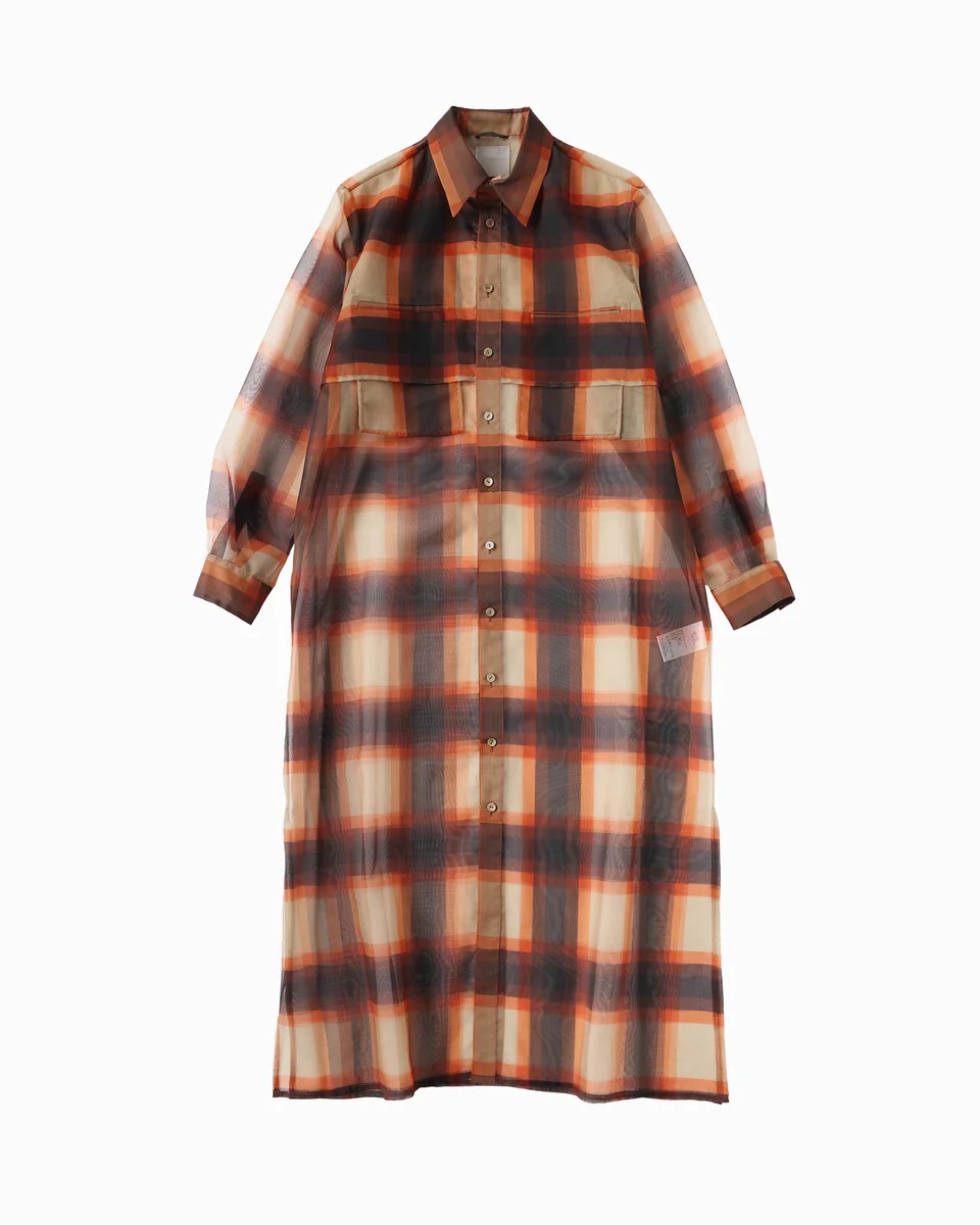 オレンジチェックのレイヤードロングシャツ