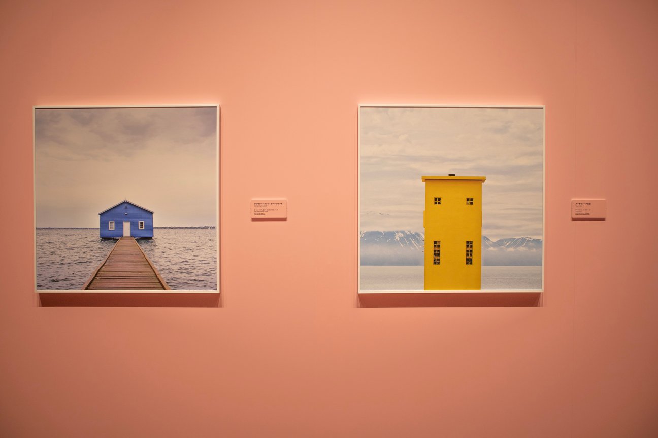ピンクの壁にかけられた写真作品