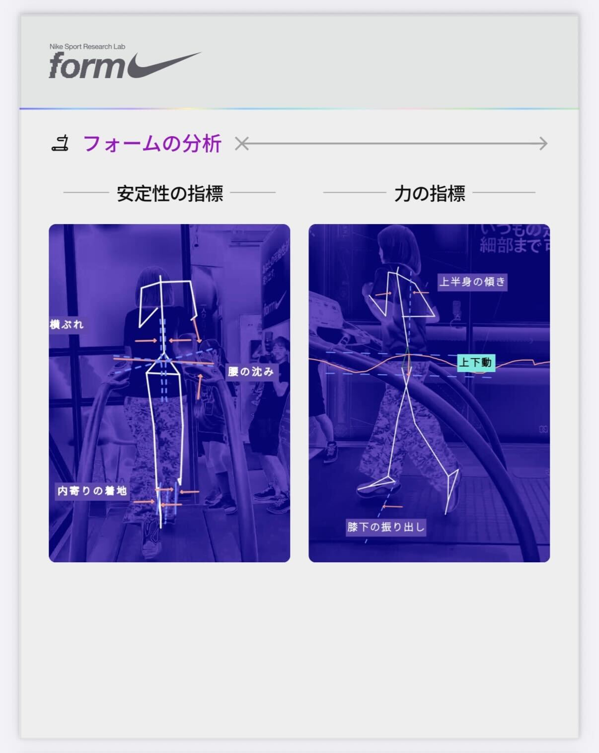 ナイキのランニングフォーム分析ツールの画面
