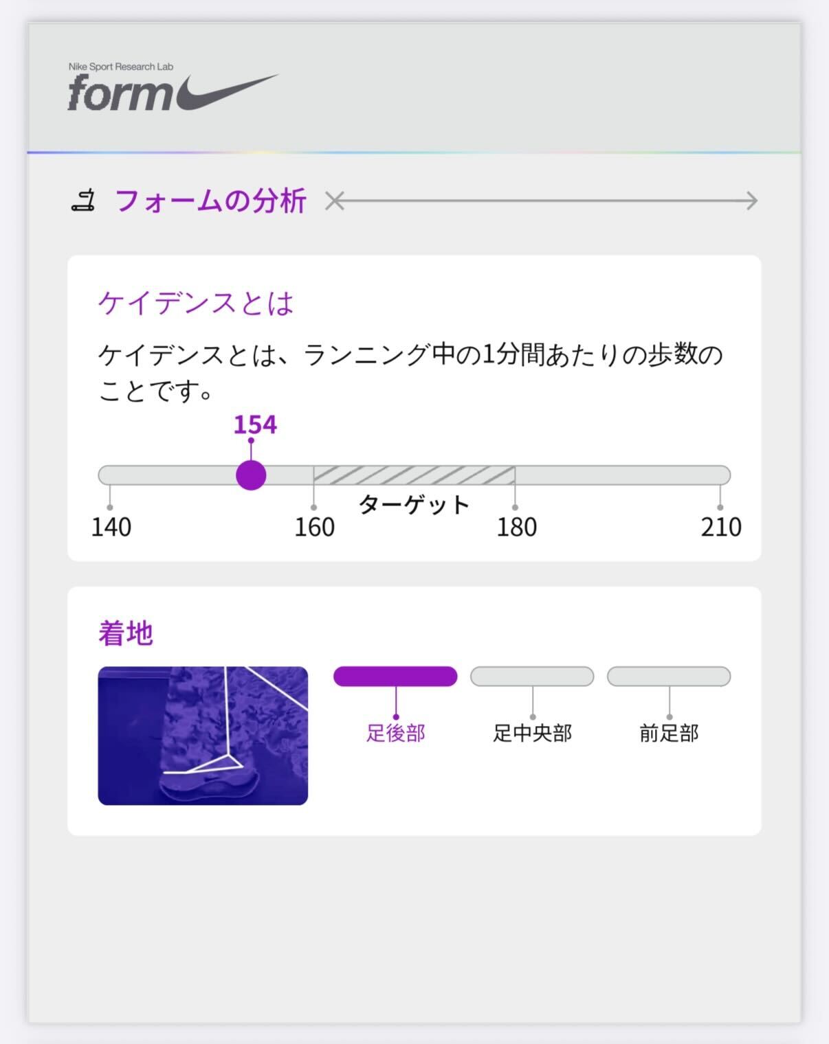 ナイキのランニングフォーム分析ツールの画面