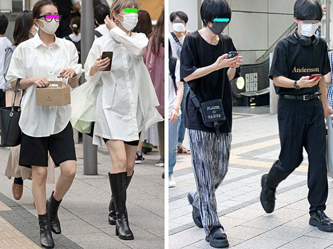 (左から)ハーフパンツを白シャツとブーツ、小物使いで大人っぽく上品に着こなした2人組。右の女性のシャツは2枚を重ね着したような凝ったデザインがゴージャスな印象(新宿)/ロンドンを拠点とするフォトグラファーCiesayが手掛けるアパレルプロジェクト「PLACES+FACES」のバッグ。同プロジェクトは昨年2020年に「G-SHOCK」とのコラボモデルも発表している(新宿)。