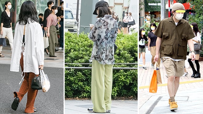 (左から)シャツやブラウスのデザイントレンドは、肩周りから背中へと移行。紐で結ぶようなディテールも一部見られた (原宿)/女性には薄手でとろみのある素材感のシャツも人気。グリーンのパンツもまだまだ少なくない(原宿)/サファリシャツのデザインがベースのシャツジャケットも人気。アウトドアやミリタリーウエアに多いマチ付きのポケットなど、ユーティリティをキーワードにしたスタイルが増えている(渋谷)。