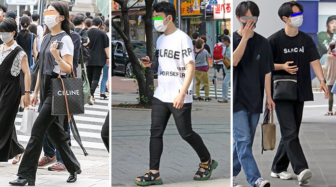 (写真左から順に)ここ数年のレトロ/ヴィンテージブームでセリーヌのマカダム柄(ブラゾン柄)。一見すると似ているが、こちらはエディ・スリマンが2019年に発表したトリオンフ柄。その上からロゴをプリントしたシリーズが大ヒットしている(原宿)/バーバリーのロゴTシャツは、ボディ全体に渡ってロゴがあしらわれたストリート感のある一品。サンダルはGUCCIで、80sを彷彿させるSEGAフォントのロゴがポイント(新宿)/最初ニュースを知ったときには驚いたAPCとsacaiのコラボレーションのTシャツ。そういうデザイナーたちの遊び心が反映されるのもTシャツというメディアの特徴。そういえば、facetasmとwrittenafterwardsのコラボというのも過去にありました(渋谷)