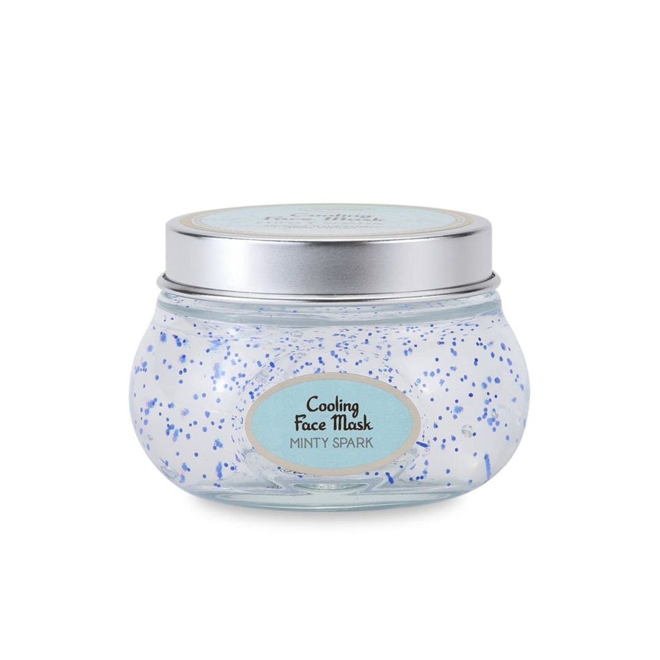 シルバーのキャップのガラス容器に入った、青い粒が入った透明のジェルマスク