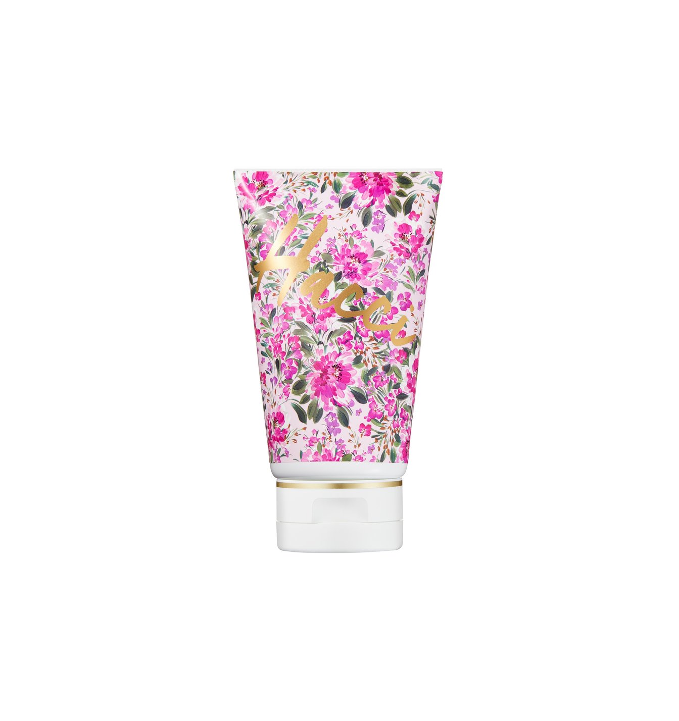 ピンクの花柄の容器に入ったボディクリーム
