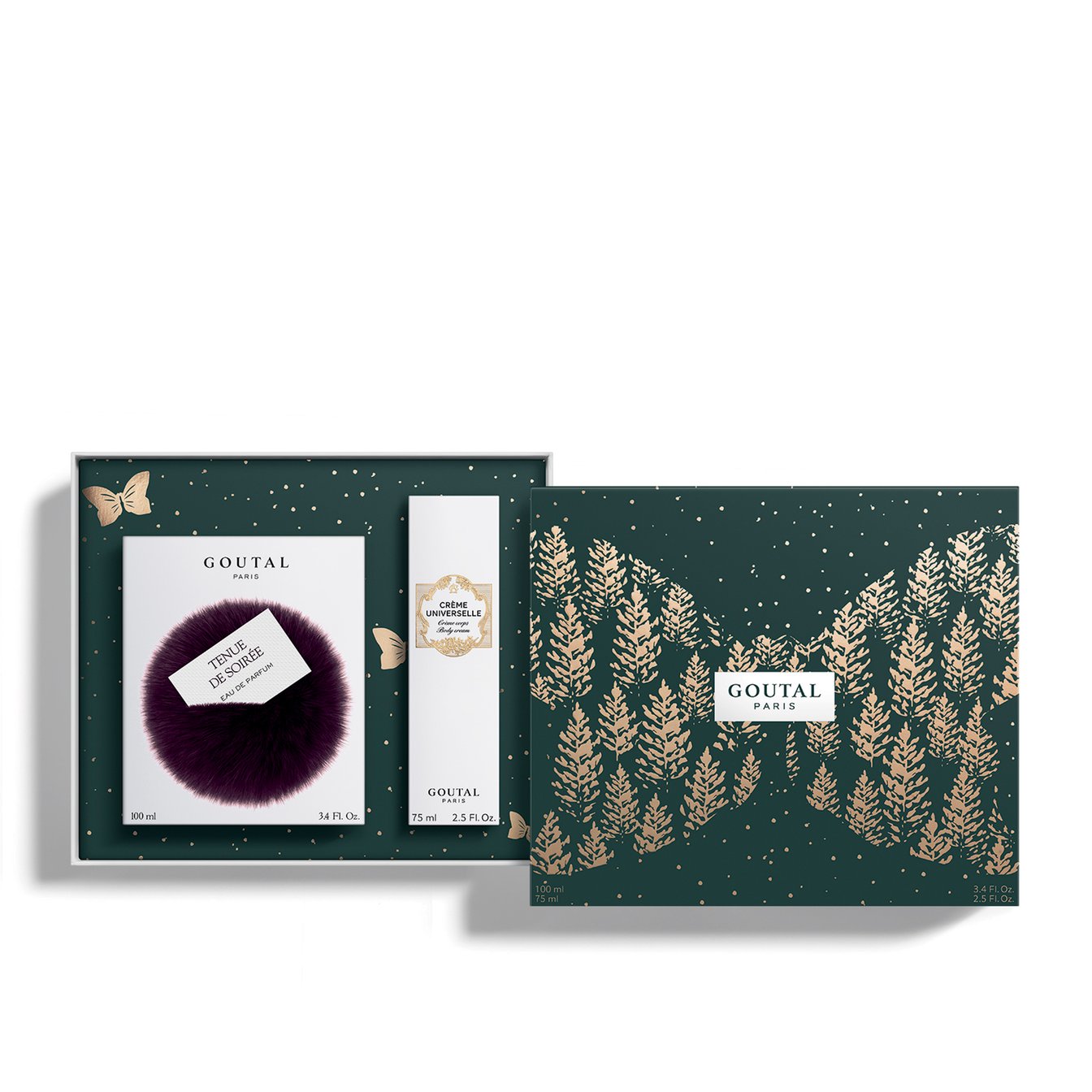 緑と金で描かれた森のパッケージとその中にある2つのパッケージ