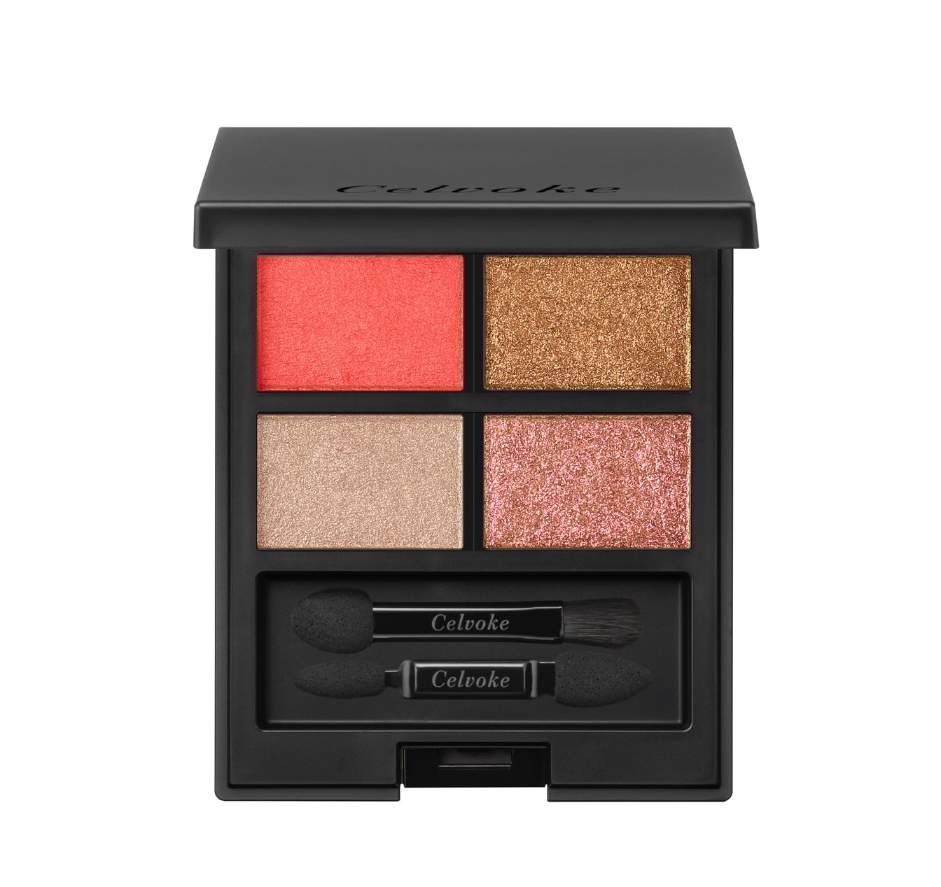 朱赤とベージュ、ブラウン、パールレッドのアイシャドウ