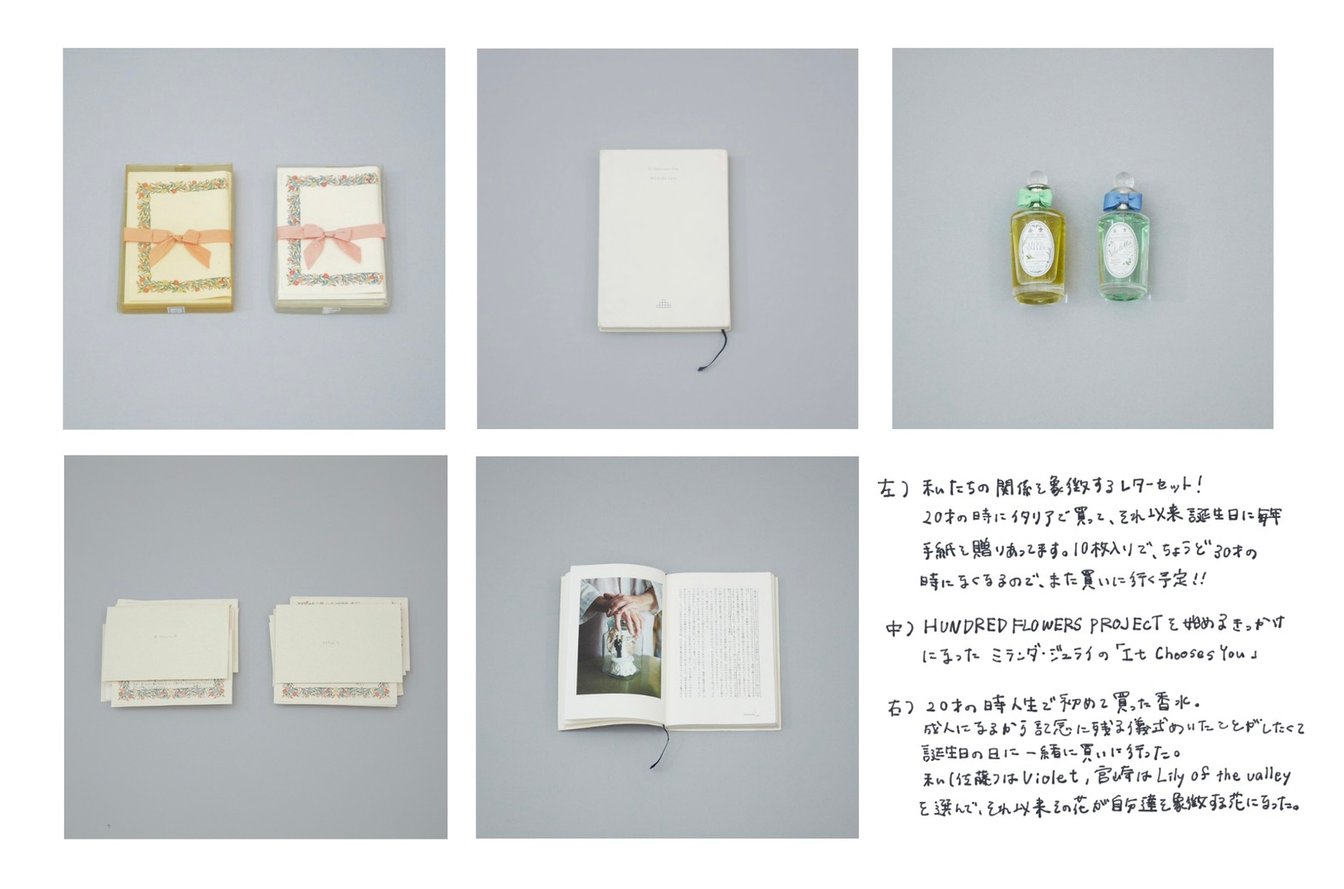 花柄のノートと香水ビンの写真