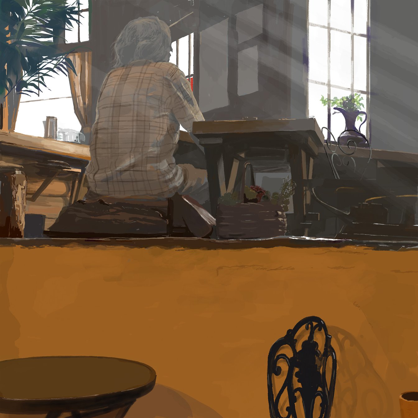 喫茶店でくつろぐおじいさんのイラスト