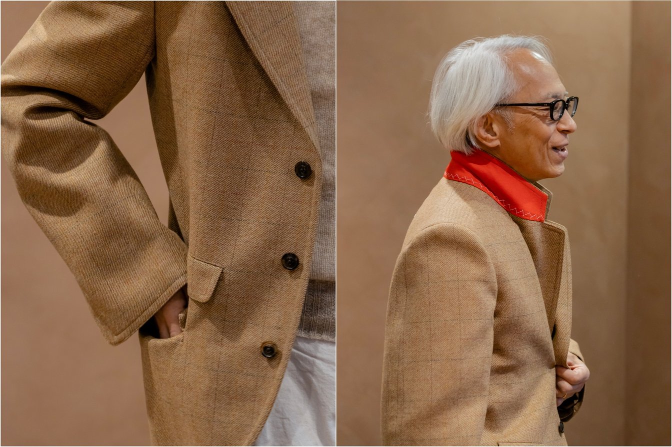 マルジェラのジャケットを着用する栗野