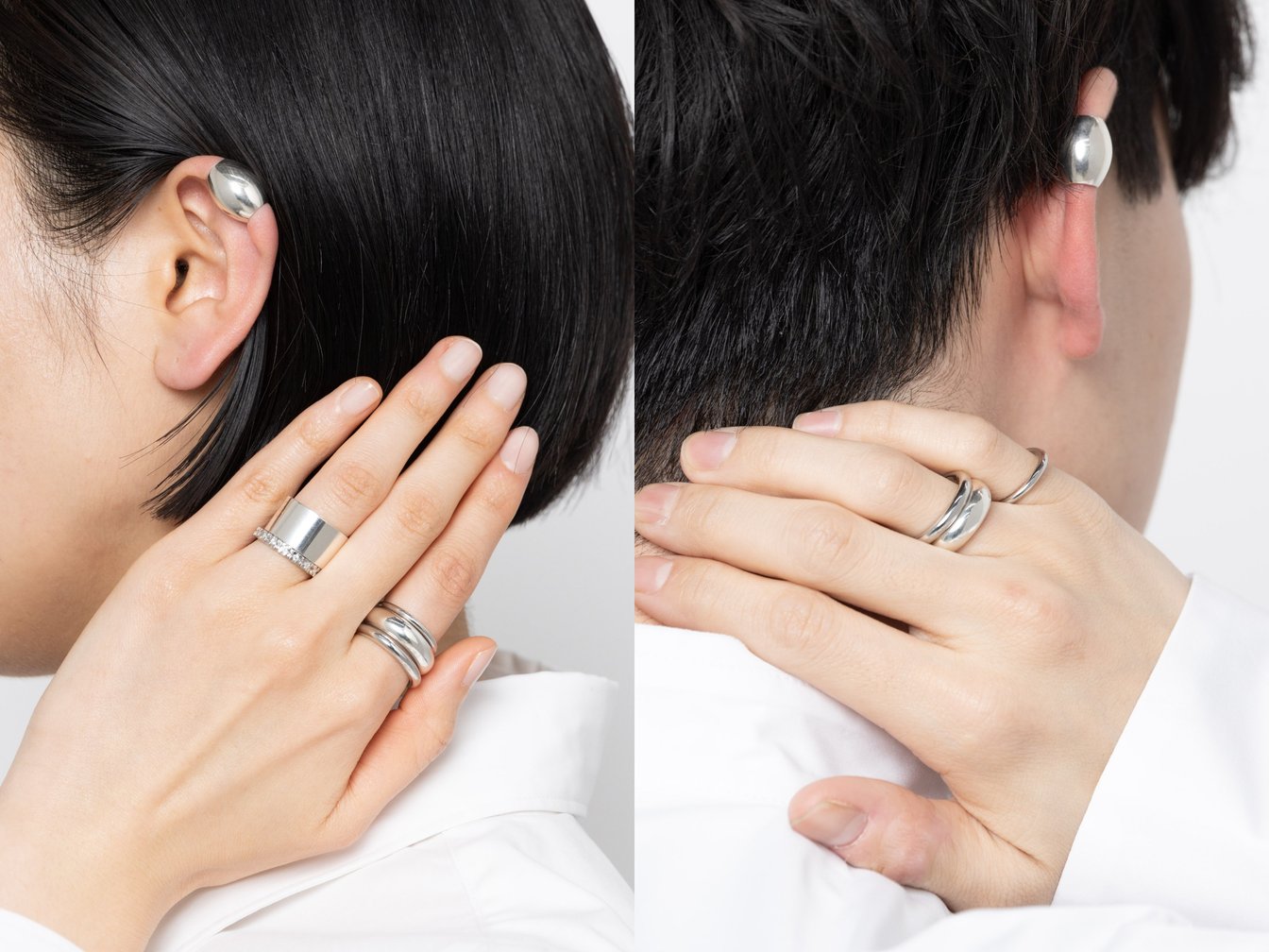 シルバーリングを重ね付けした手元