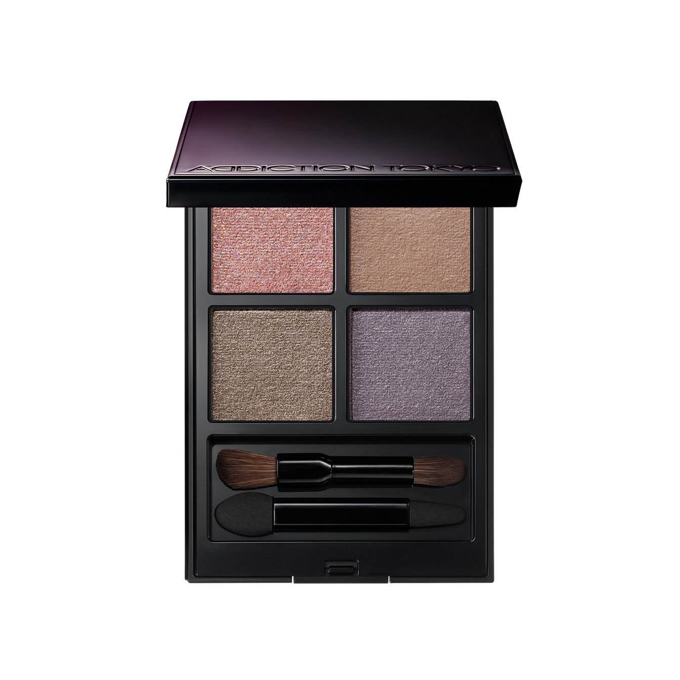 4色のアイシャドウパレット ピンク、ブラウン、パープル、グレーを配色