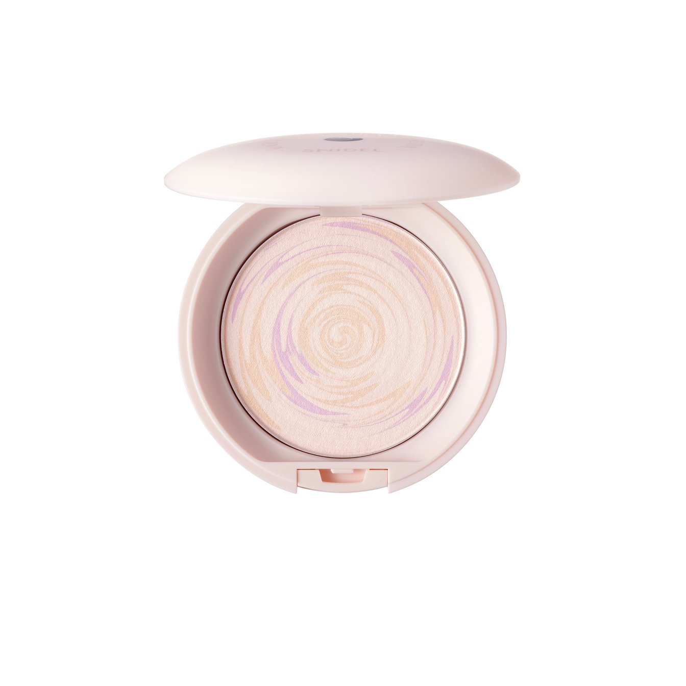 ピンクカラーのコンパクトにマーブル状のプレストパウダーがセットされたコンパクト