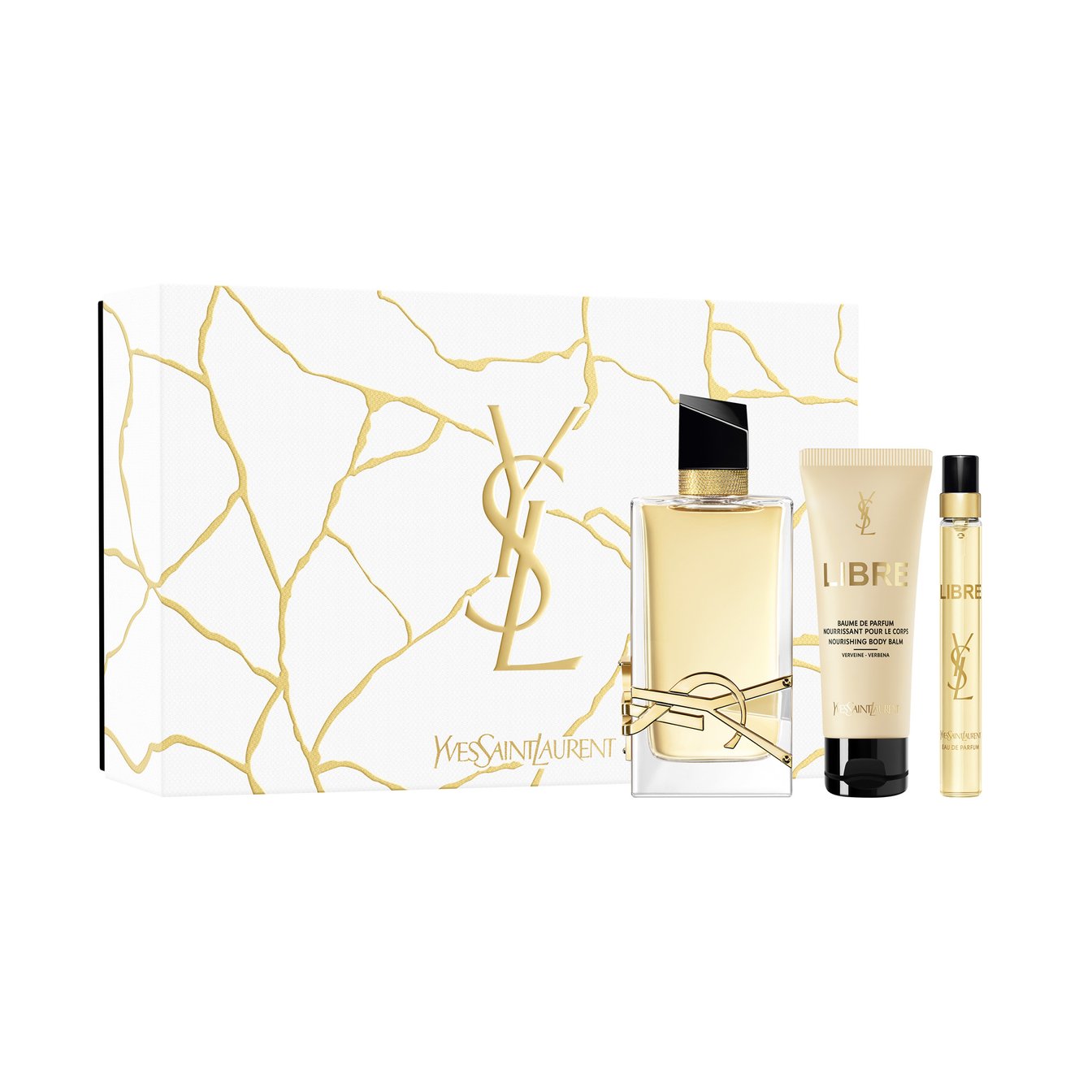 クリアボトルに入った2つのフレグランスとアイボリー色のチューブに入ったボディバームのセット