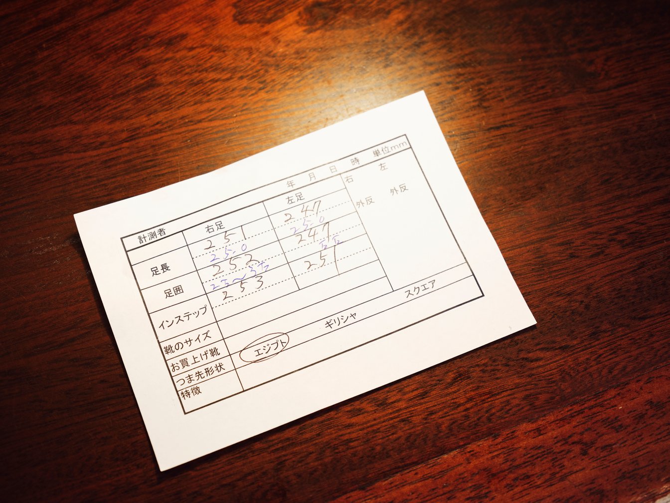 足の計測結果を書いた紙