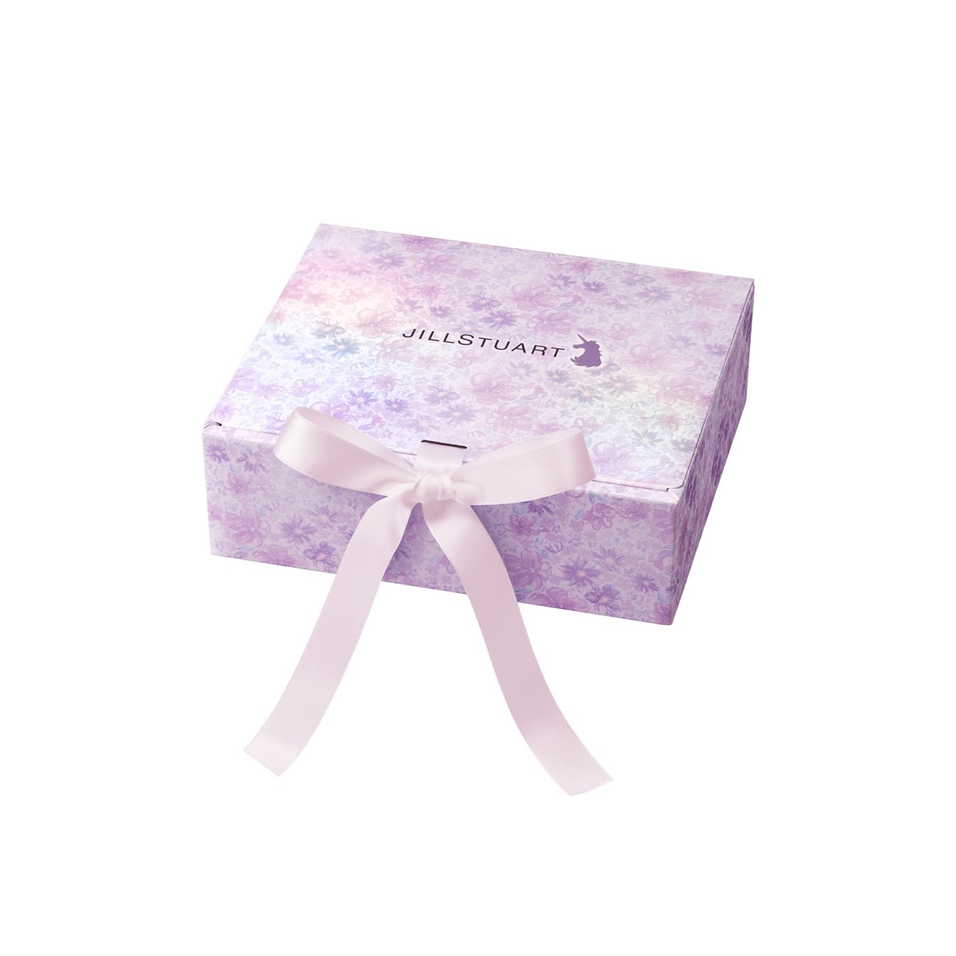 紫色の箱にピンクのリボンがついたギフトボックス