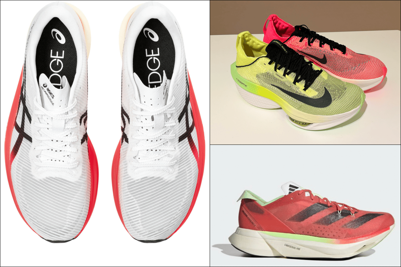 アシックス「メタスピード」(左)/ナイキ「EKIDEN PACK」(右上)/アディダス「アディゼロ アディオス プロ3」(右下)