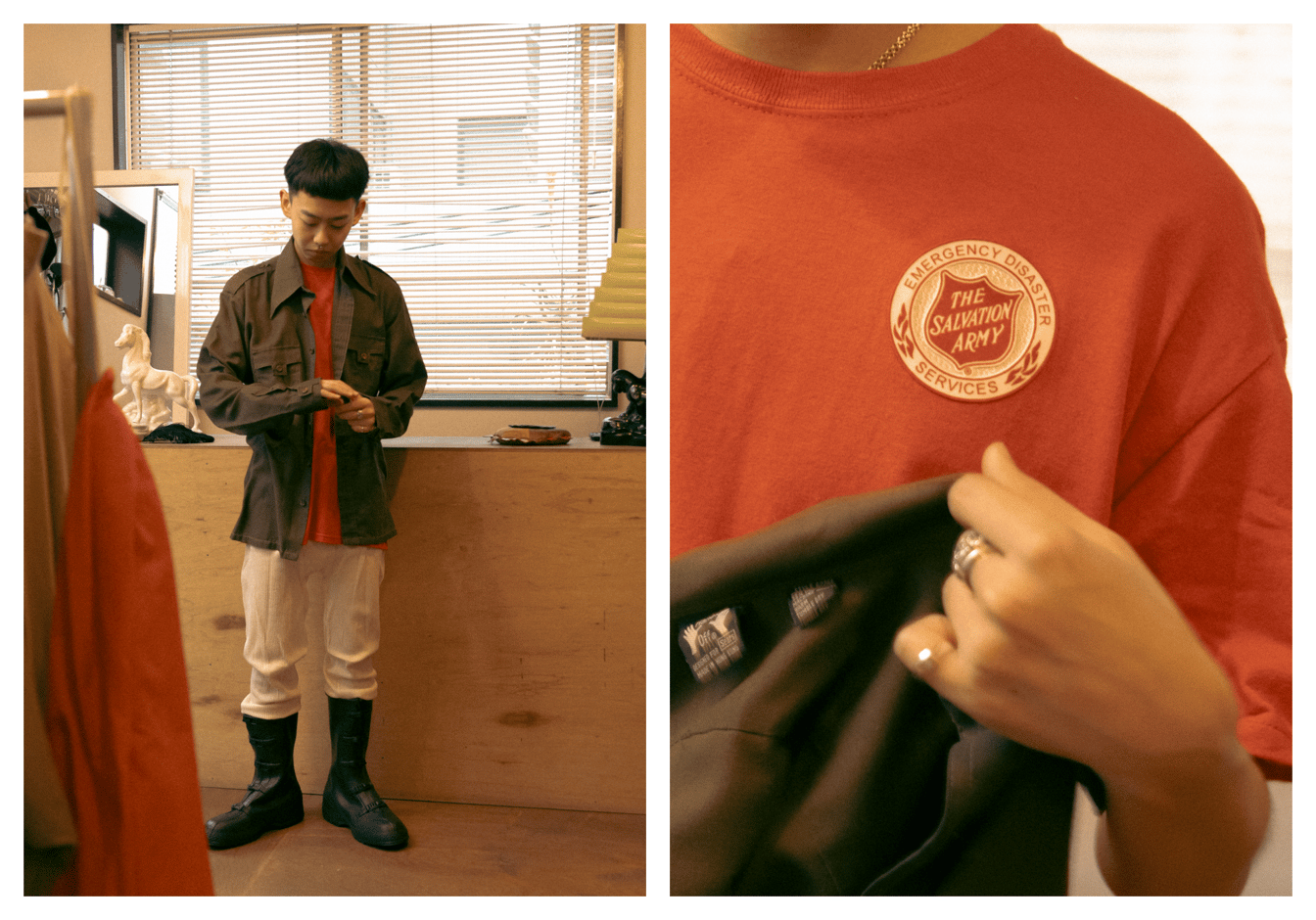 ジャケットを着た人物とTシャツのロゴ