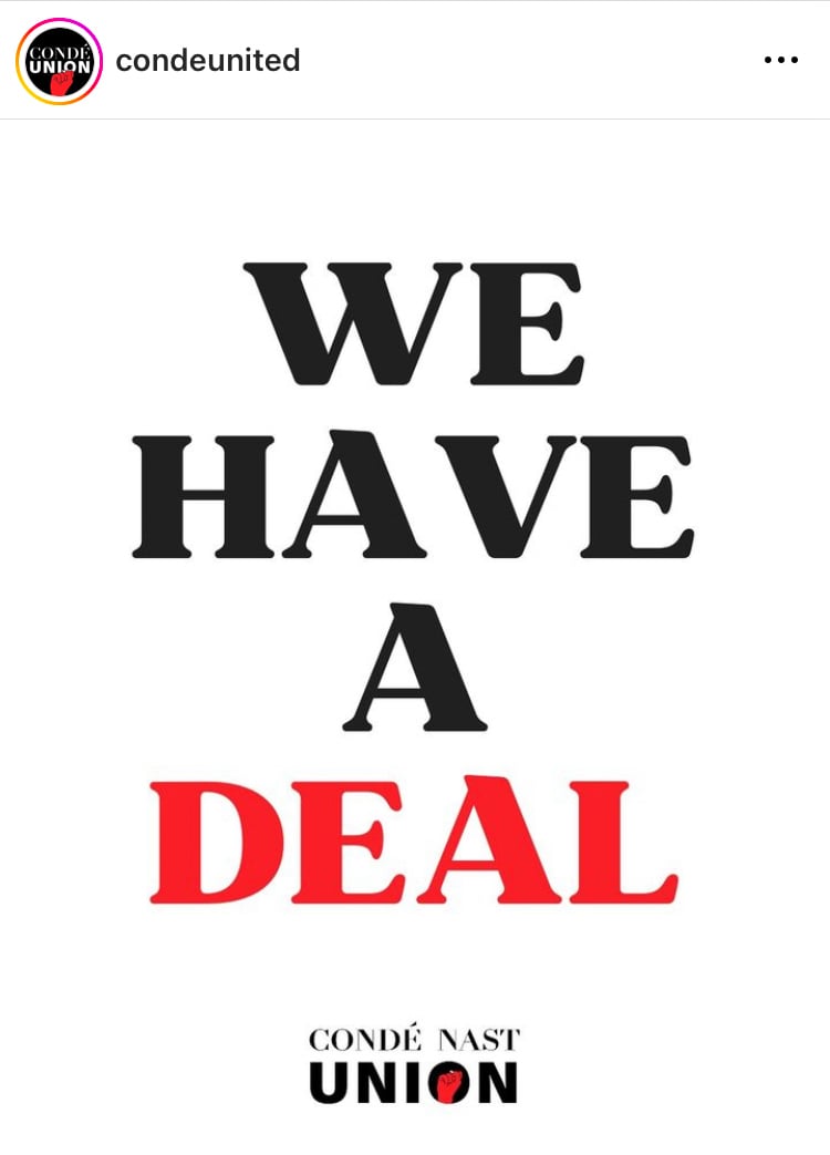 「WE HAVE A DEAL」と書かれたコンデナストユニオンの公式インスタグラムの投稿