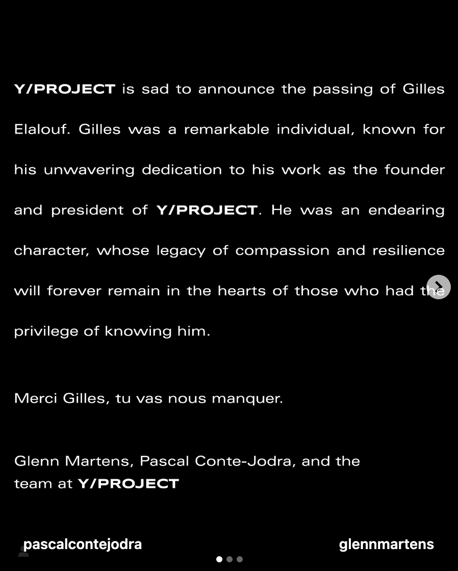 「Y/プロジェクト」公式インスタグラムのスクリーンショット