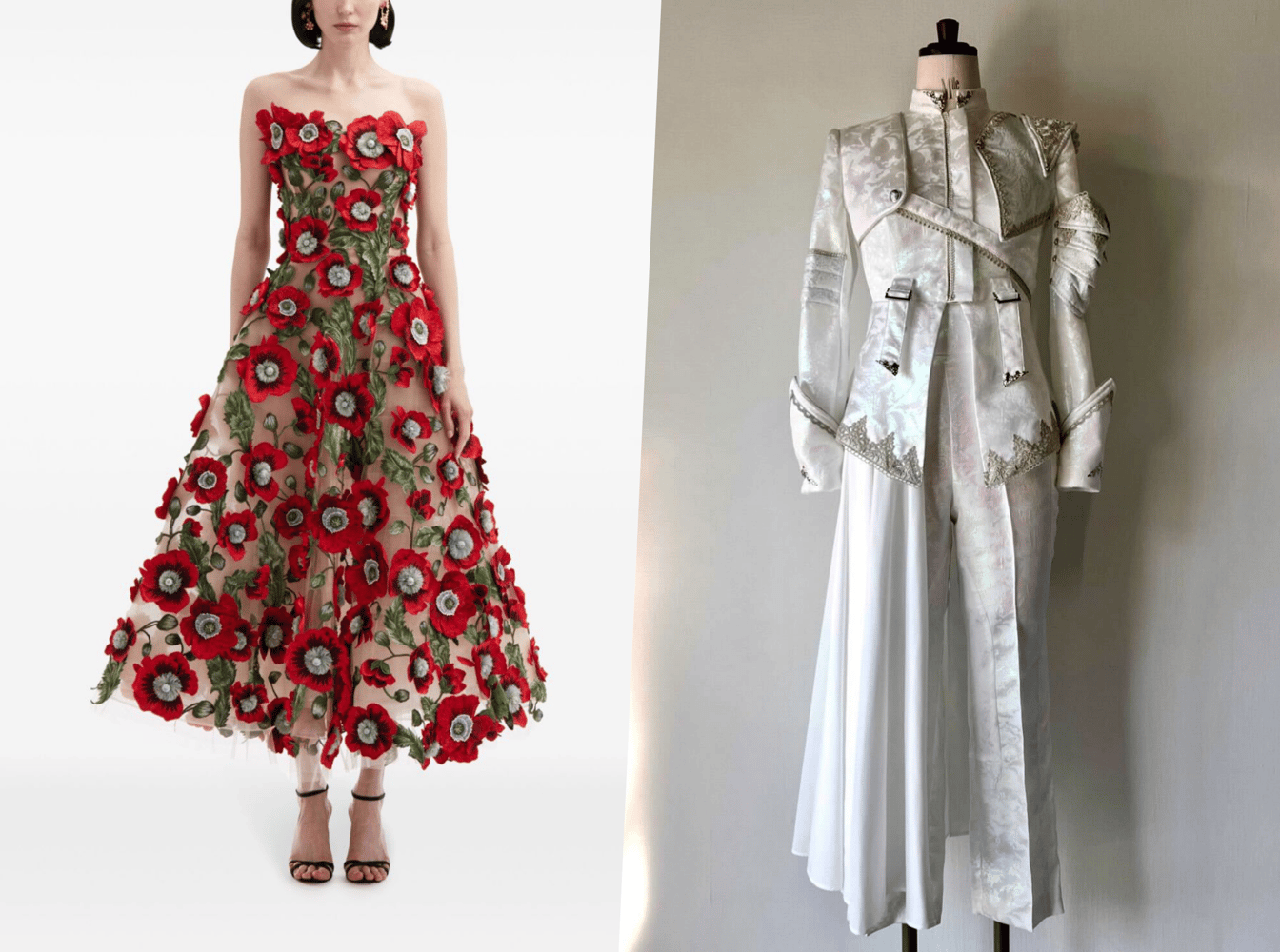 赤い花のモチーフのドレスと白いセットアップ
