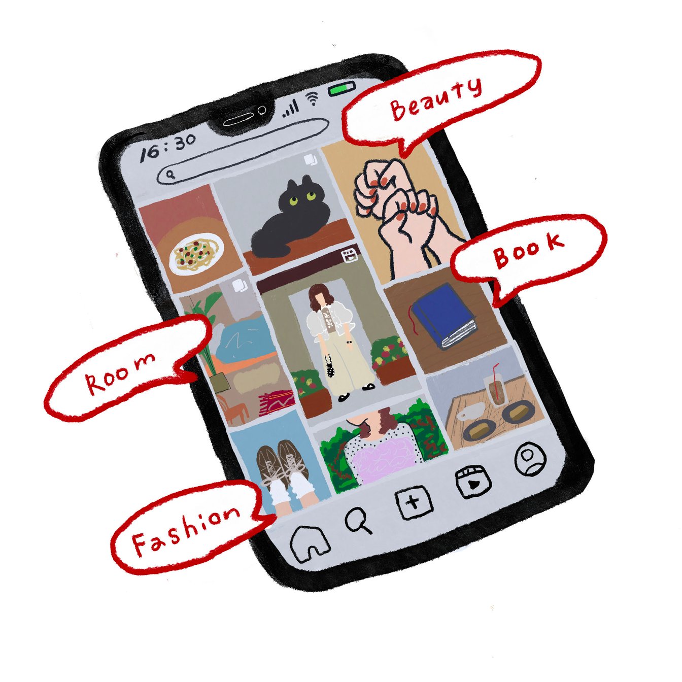 SNS上でファッションやメイク、部屋、読んだ本などが可視化されているスマートフォンのイラスト