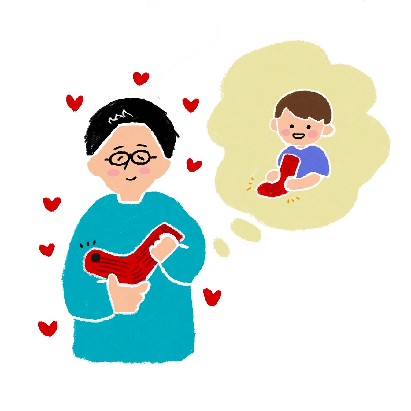 息子がプレゼントしてくれた、穴が開きかけた靴下を大切そうに抱えている男性のイラスト