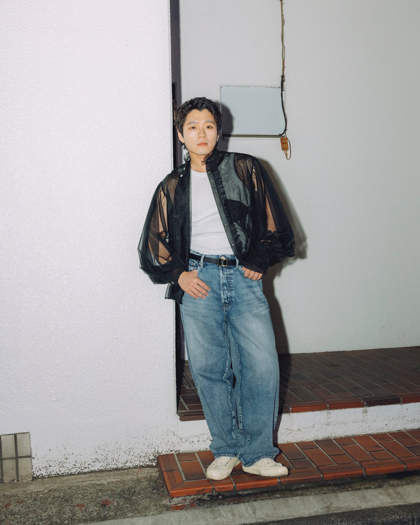 ヴィヴィアーノのチュールシャツを着たモデル