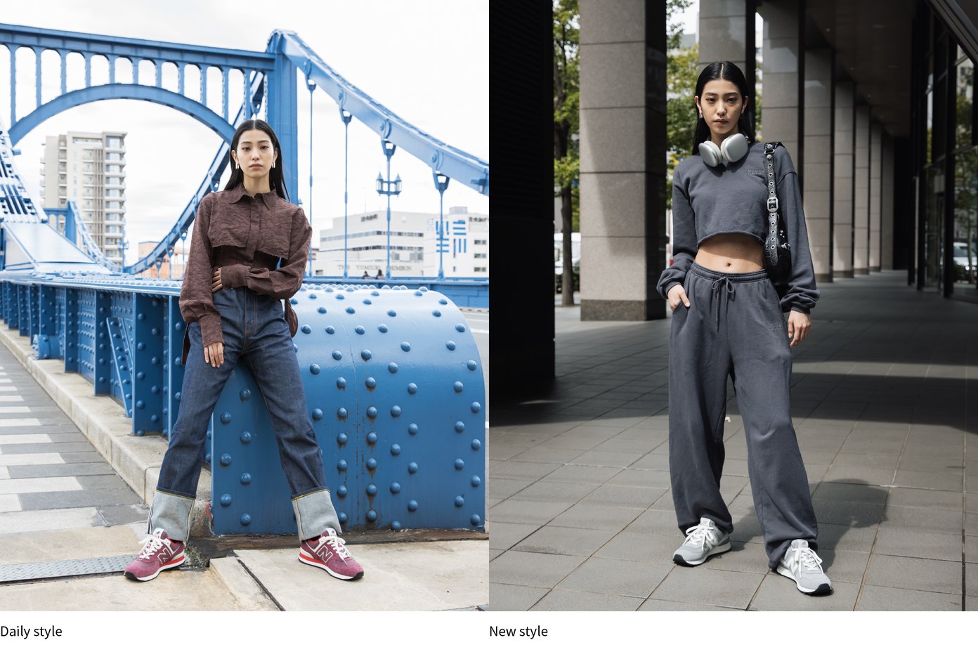 ニューバランスのスニーカーを着用した女性のコラージュ写真
