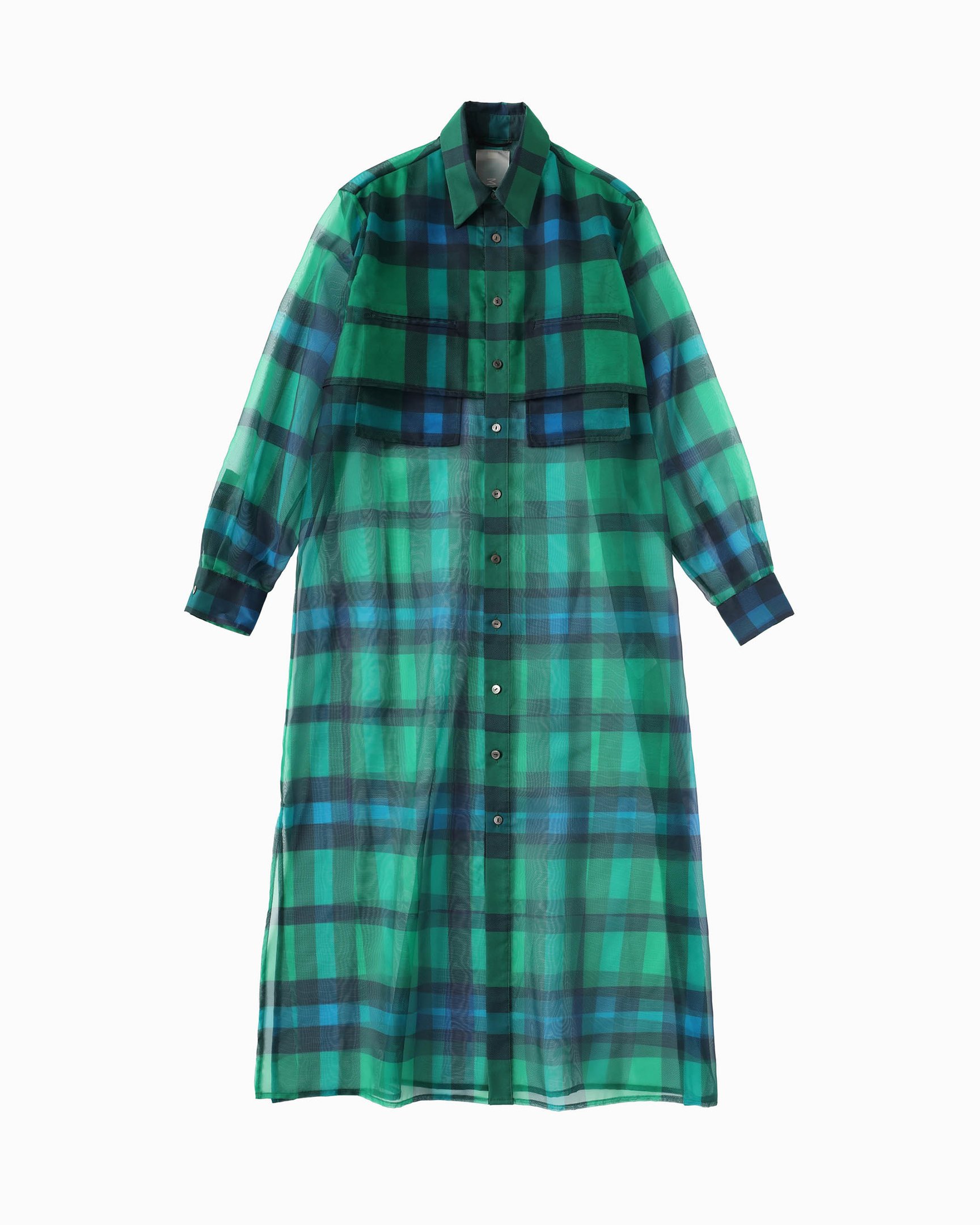 ミオズモーキーのグリーンチェックのシアーロングシャツ